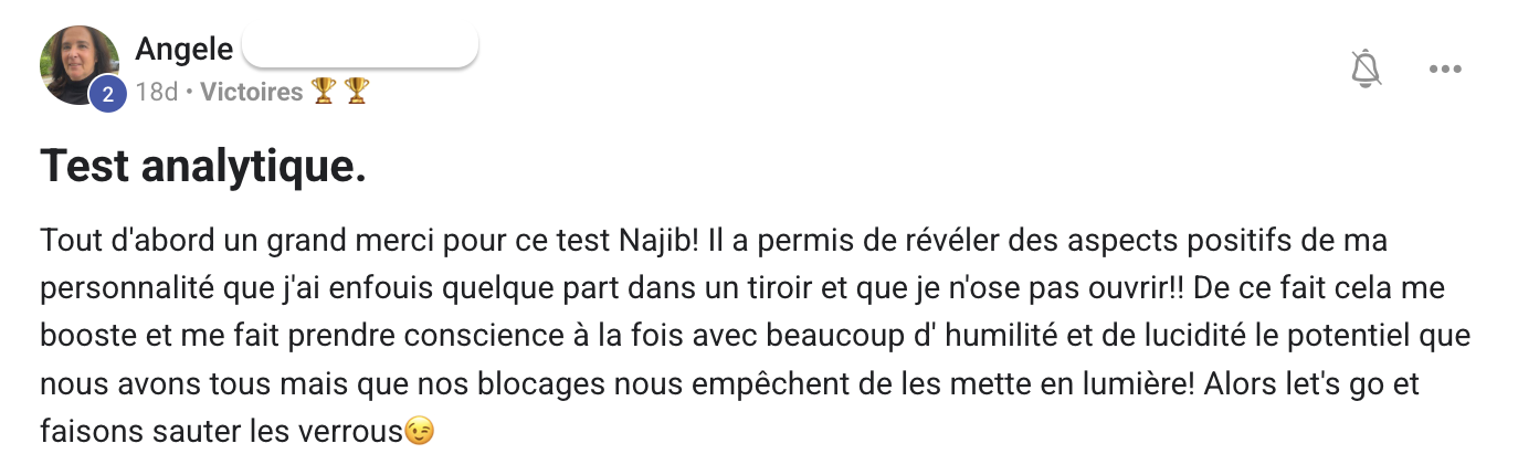 Retour d'Angele sur son test analytique PBE