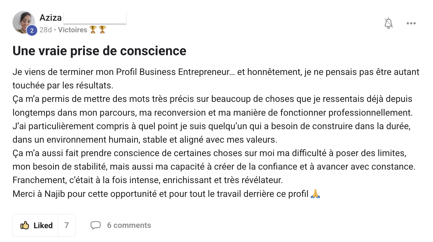Retour d'Aziza sur son Profil Business Entrepreneur