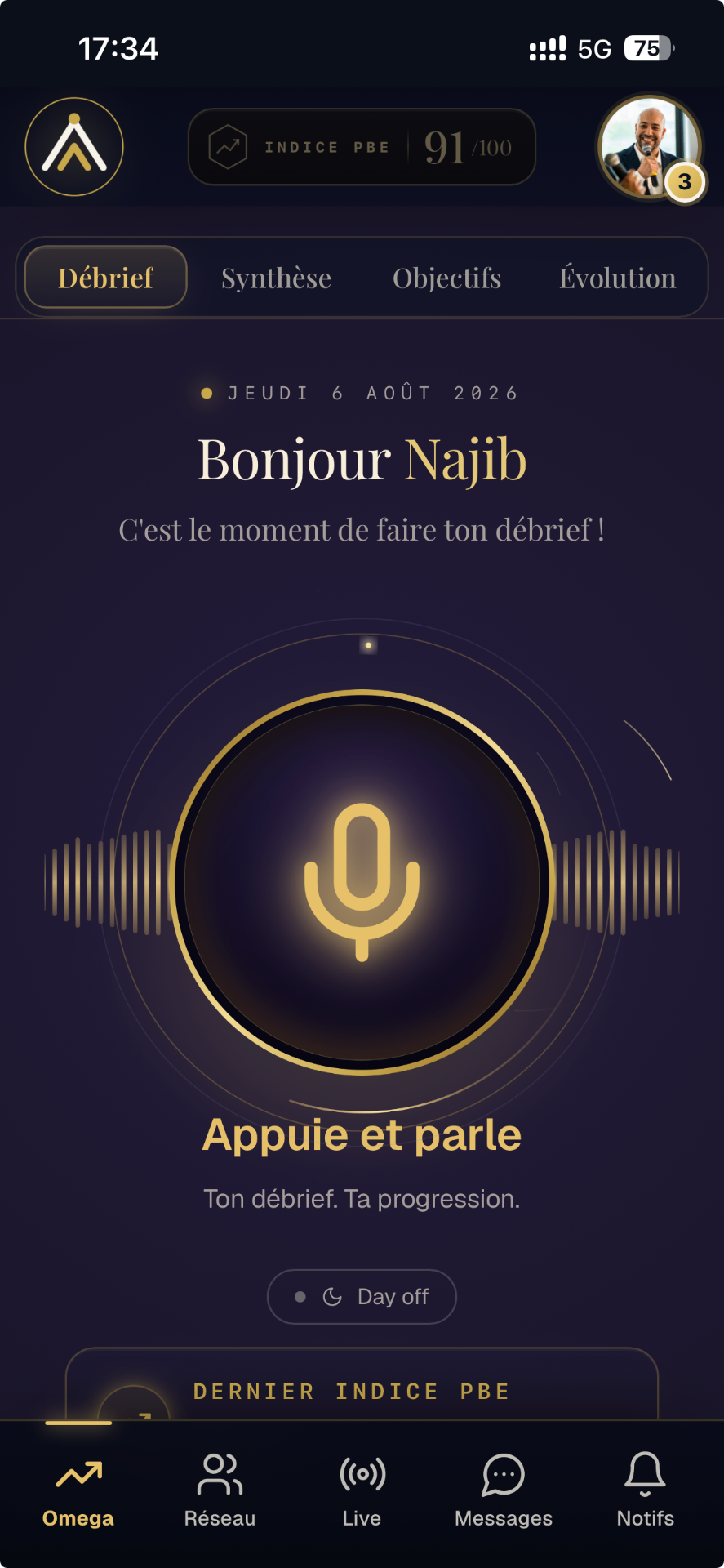 Écran Omega de l'application PBE, avec l'Indice PBE et le débrief vocal du jour